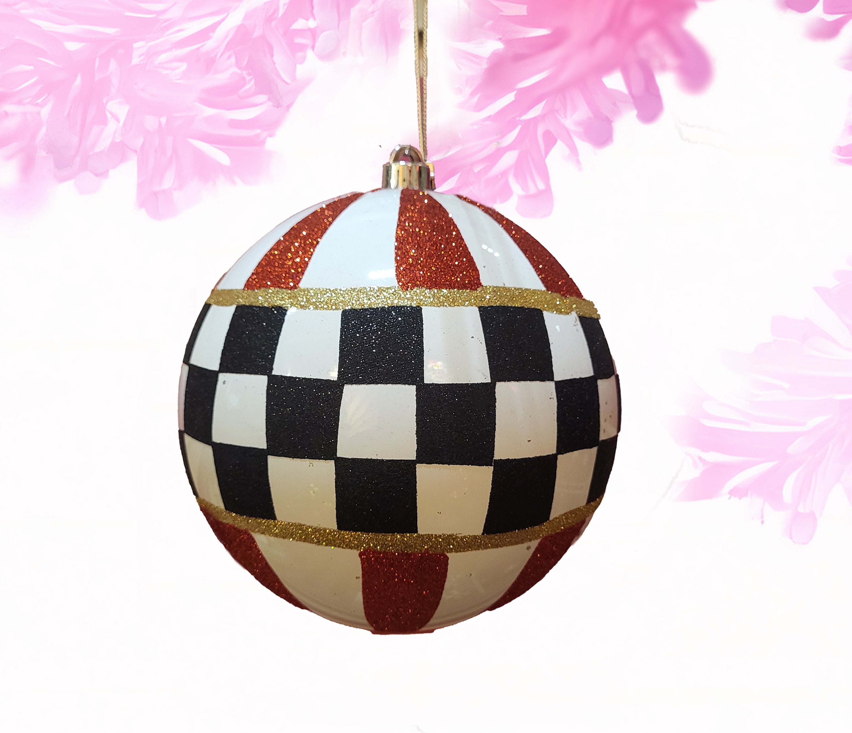 Glitter ball - black white checkered with red gold 6 inch