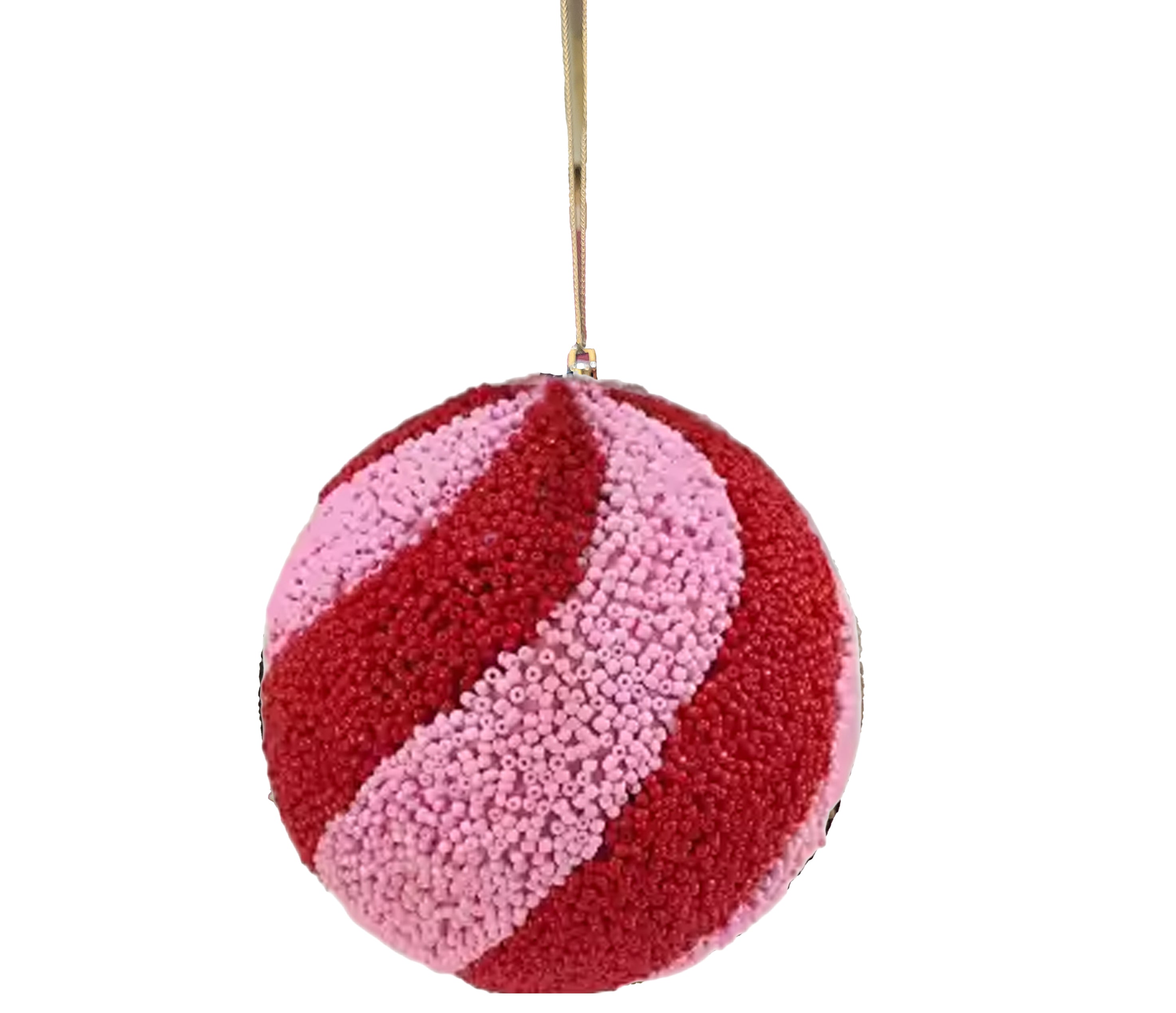 Beaded Ball 6 inch - red and pink diagonal stripes