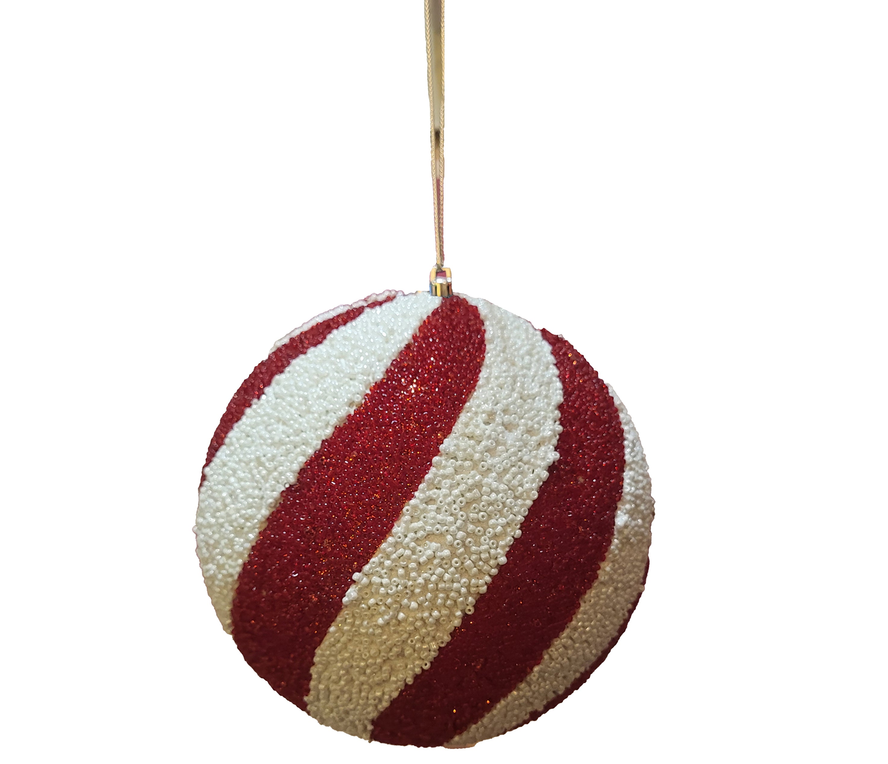 Beaded Ball 6 inch - red and white diagonal stripes
