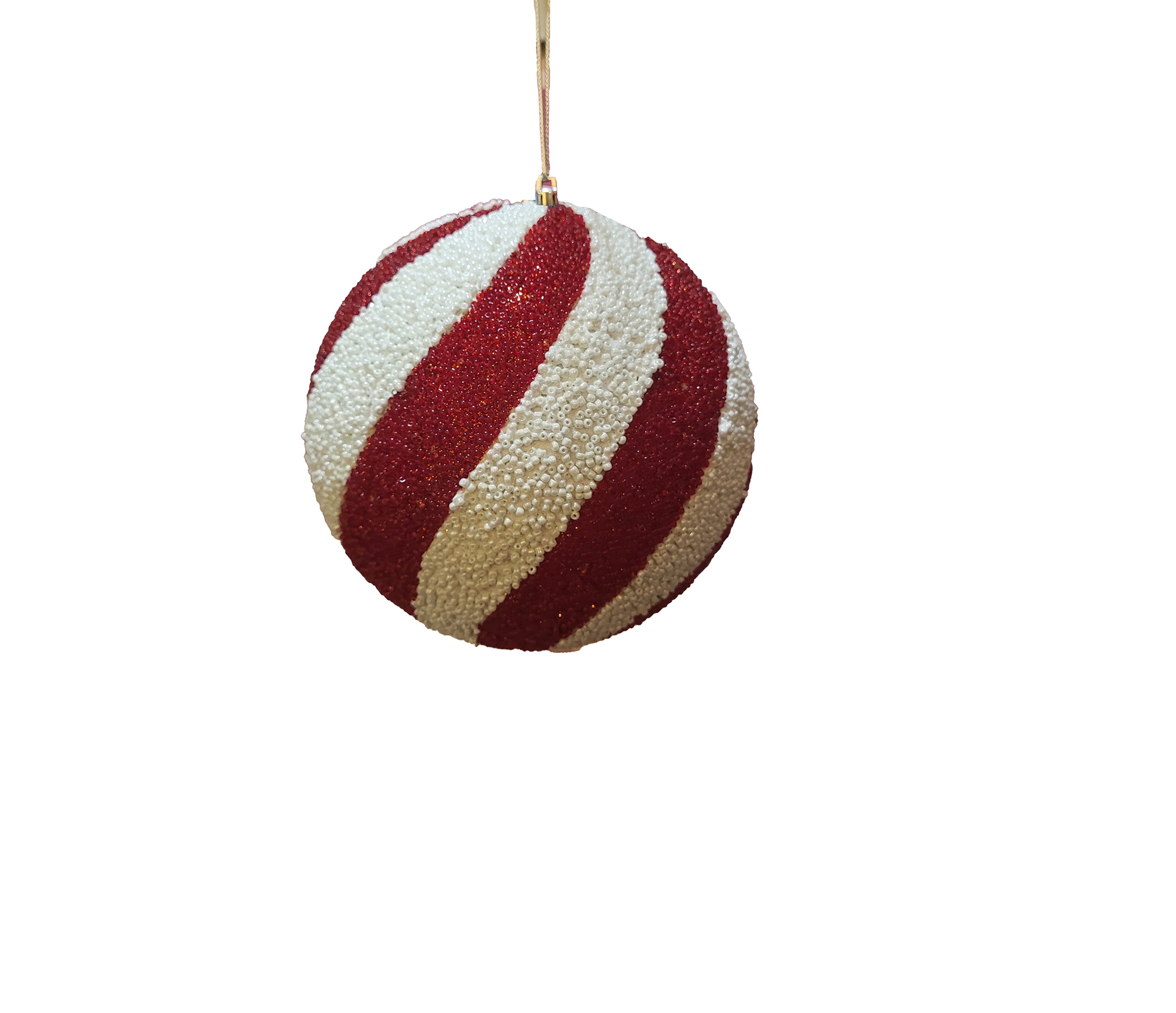 Beaded Ball 4 inch - red and white diagonal stripes