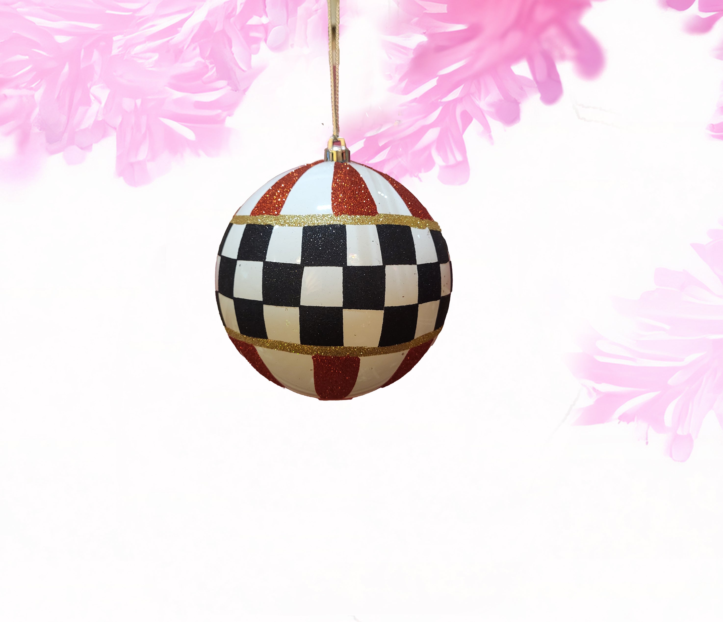Ball ornament - black red white gold checkered 4 inch