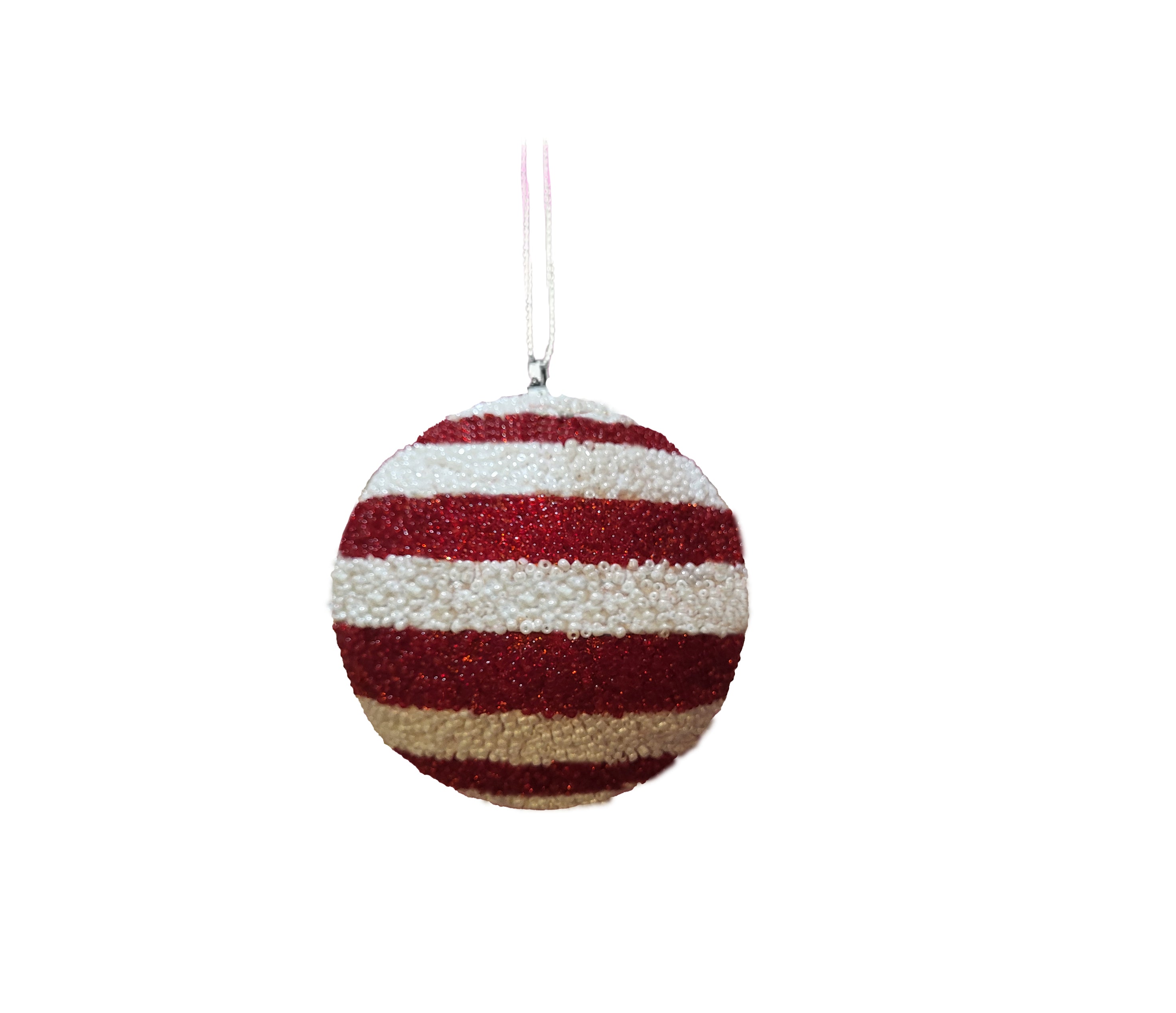 Beaded Ball 4 inch - red and white horizontal stripes