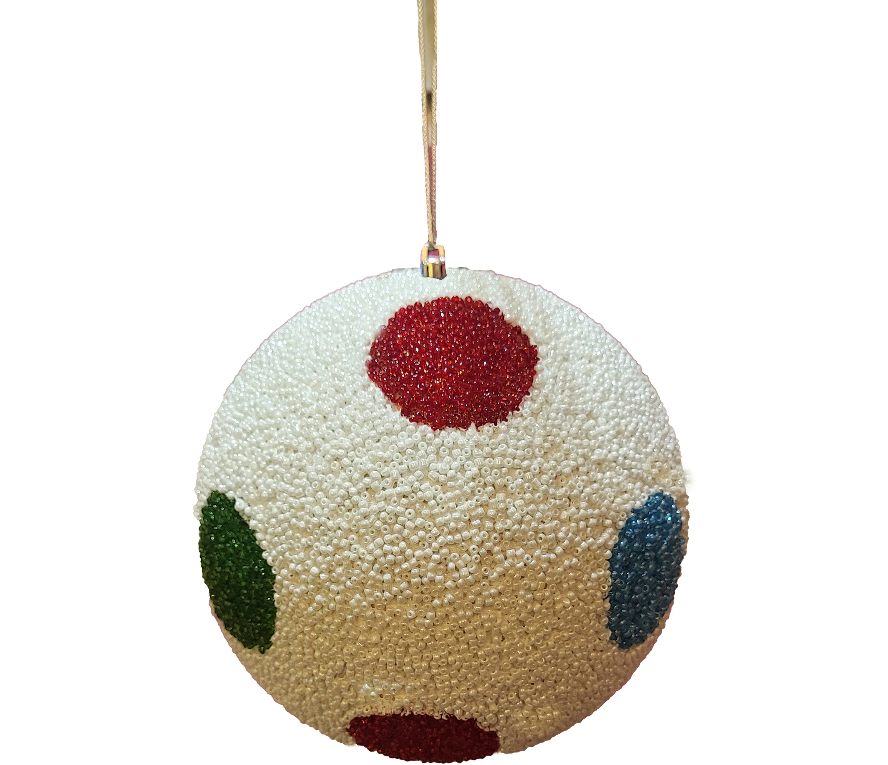 Beaded Ball 6 inch - white with red blue and green polkadots