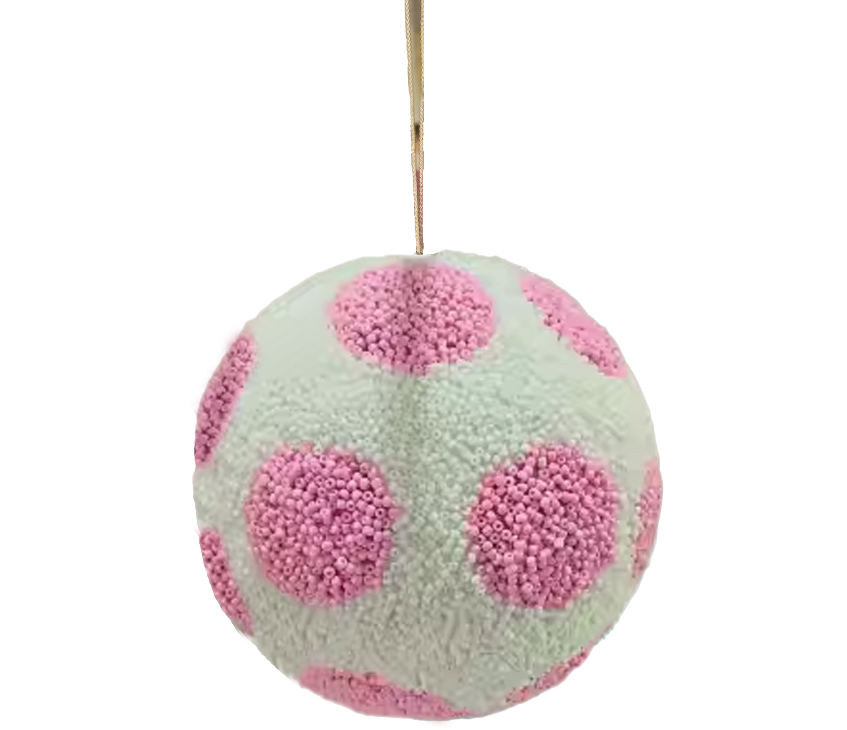 Beaded Ball 6 inch - white with pink polkadots