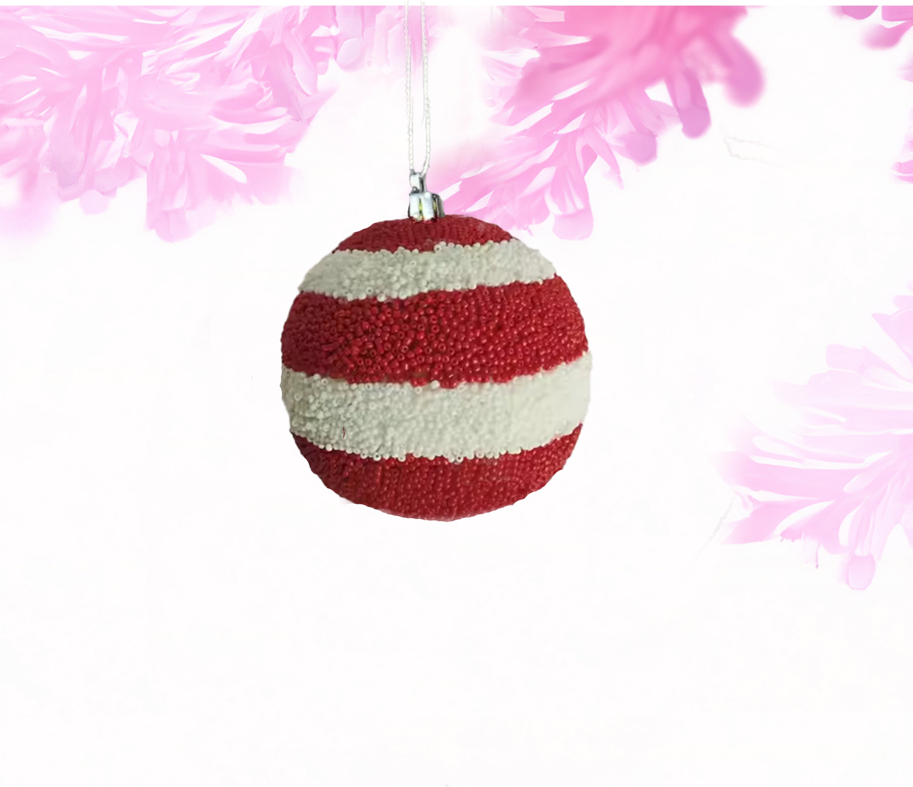 Small Beaded Ball - Red and White Horizontal Stripe 4in